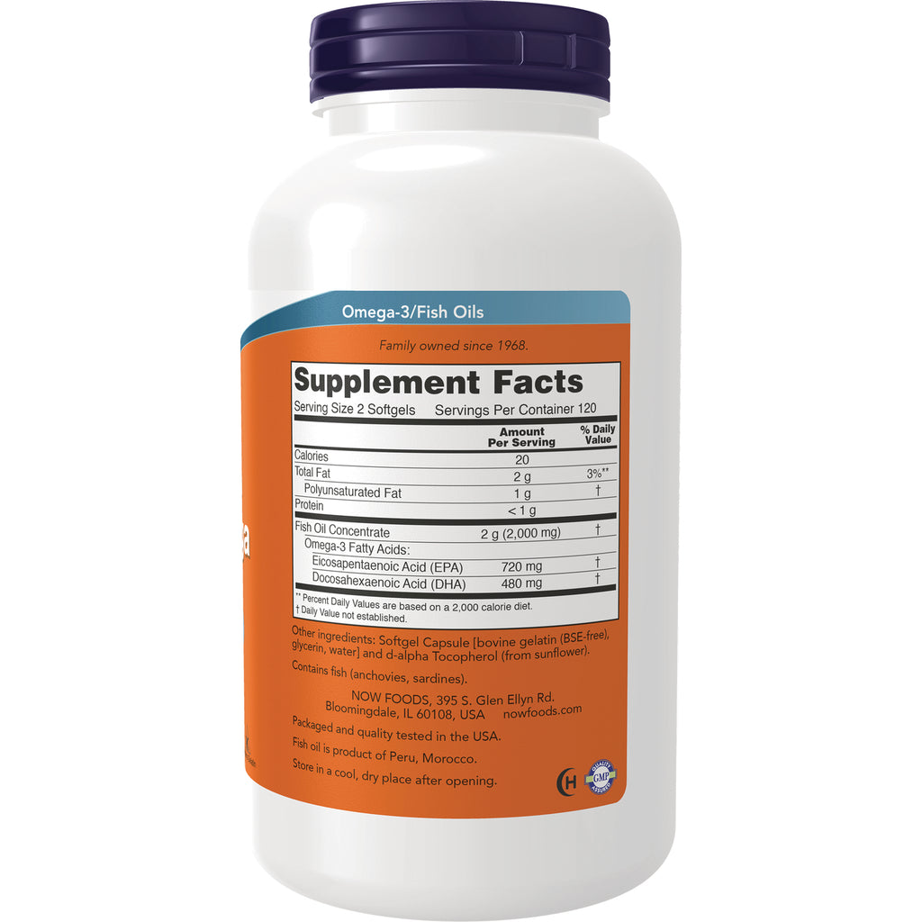 NWF912 | back of white supplement bottle showing Supplement Facts label for Omega-3 fish oils with EPA 720 mg and DHA 480 mg - Thumbnail