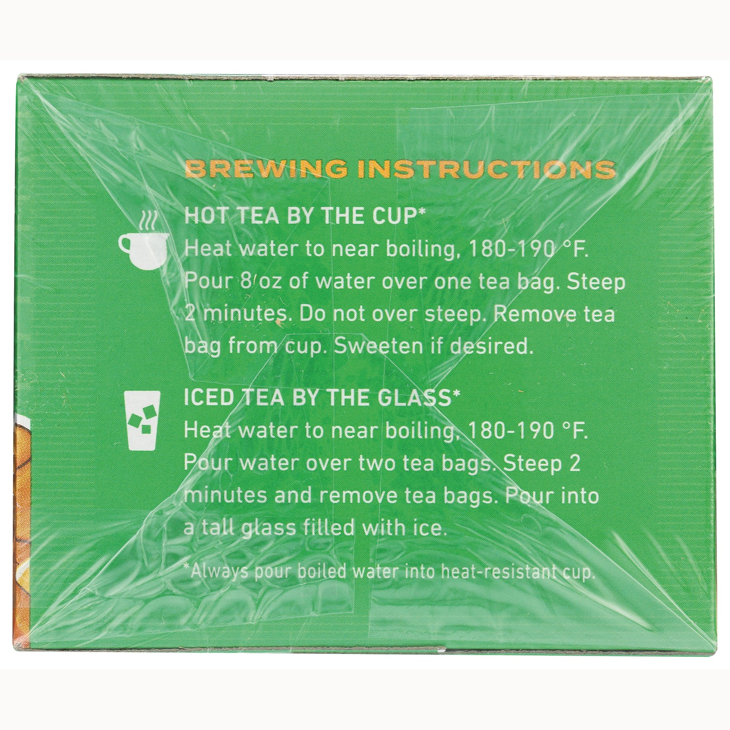 CEL020 | green box with brewing instructions for hot tea and iced tea, lists 180-190F and 2 minute steep times
