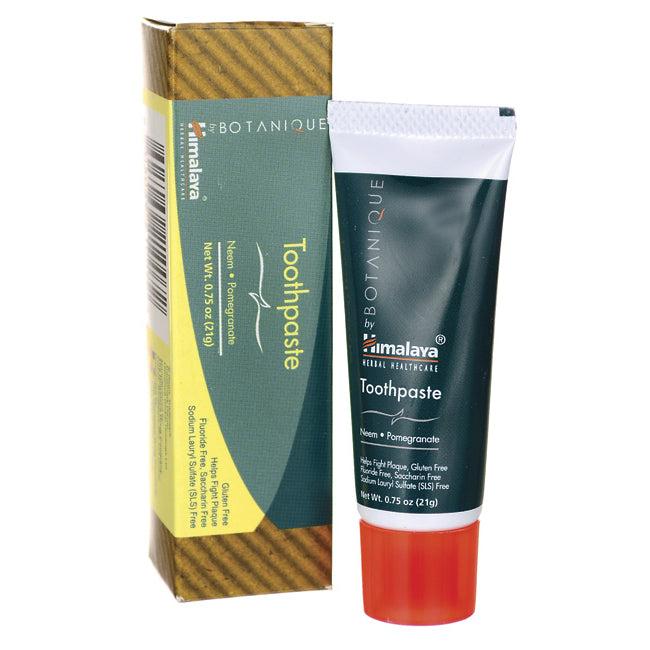 HHH039 | Tube of Himalaya Botanique toothpaste with red cap and box labeled Toothpaste Neem + Pomegranate