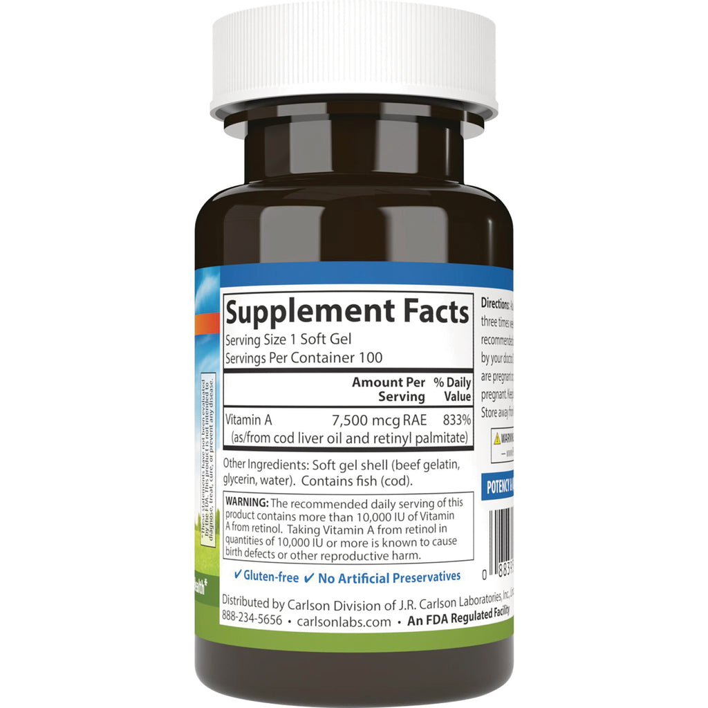 CSN154 | Back of brown supplement bottle showing Supplement Facts label with Vitamin A 7,500 mcg RAE and warning - Thumbnail