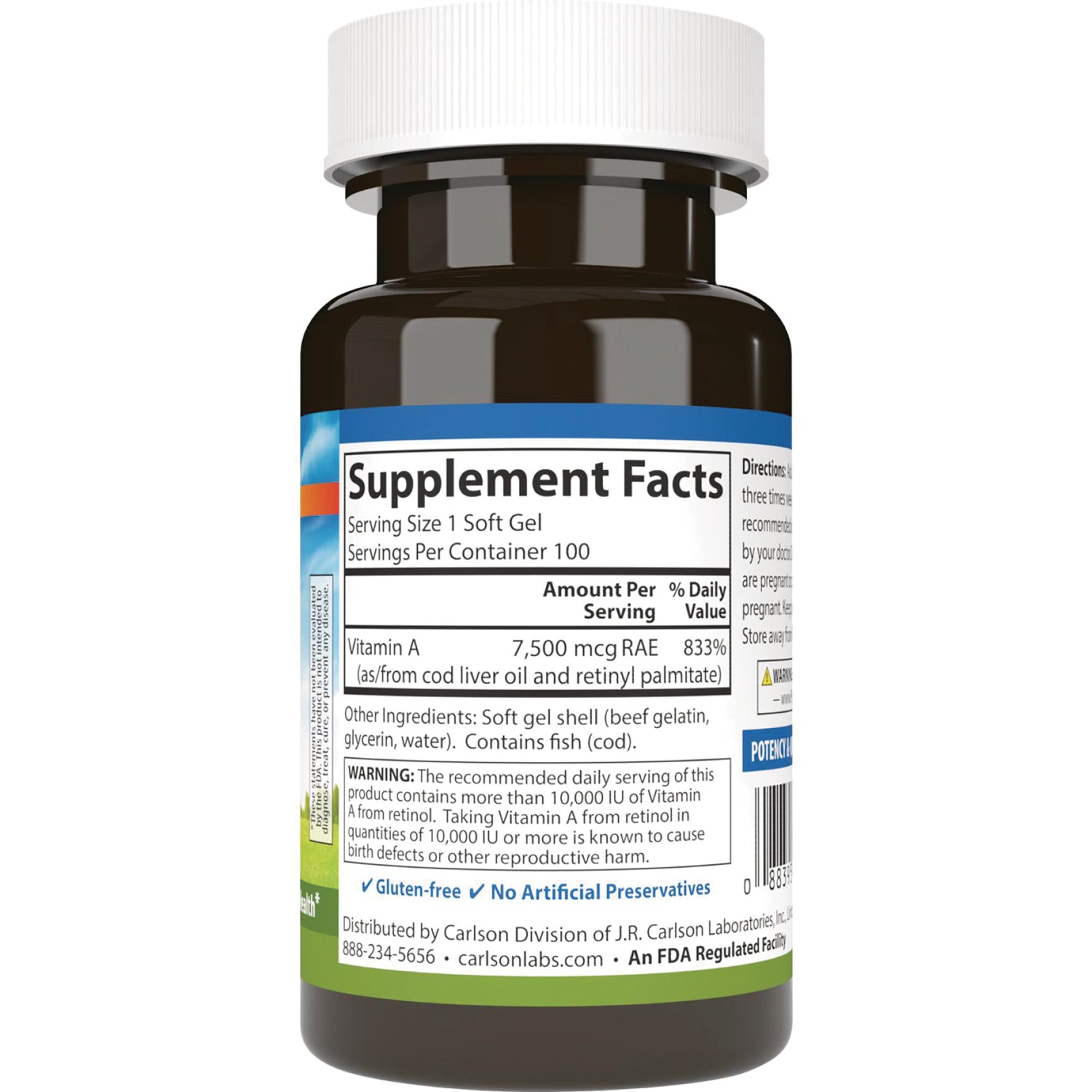 CSN154 | Back of brown supplement bottle showing Supplement Facts label with Vitamin A 7,500 mcg RAE and warning