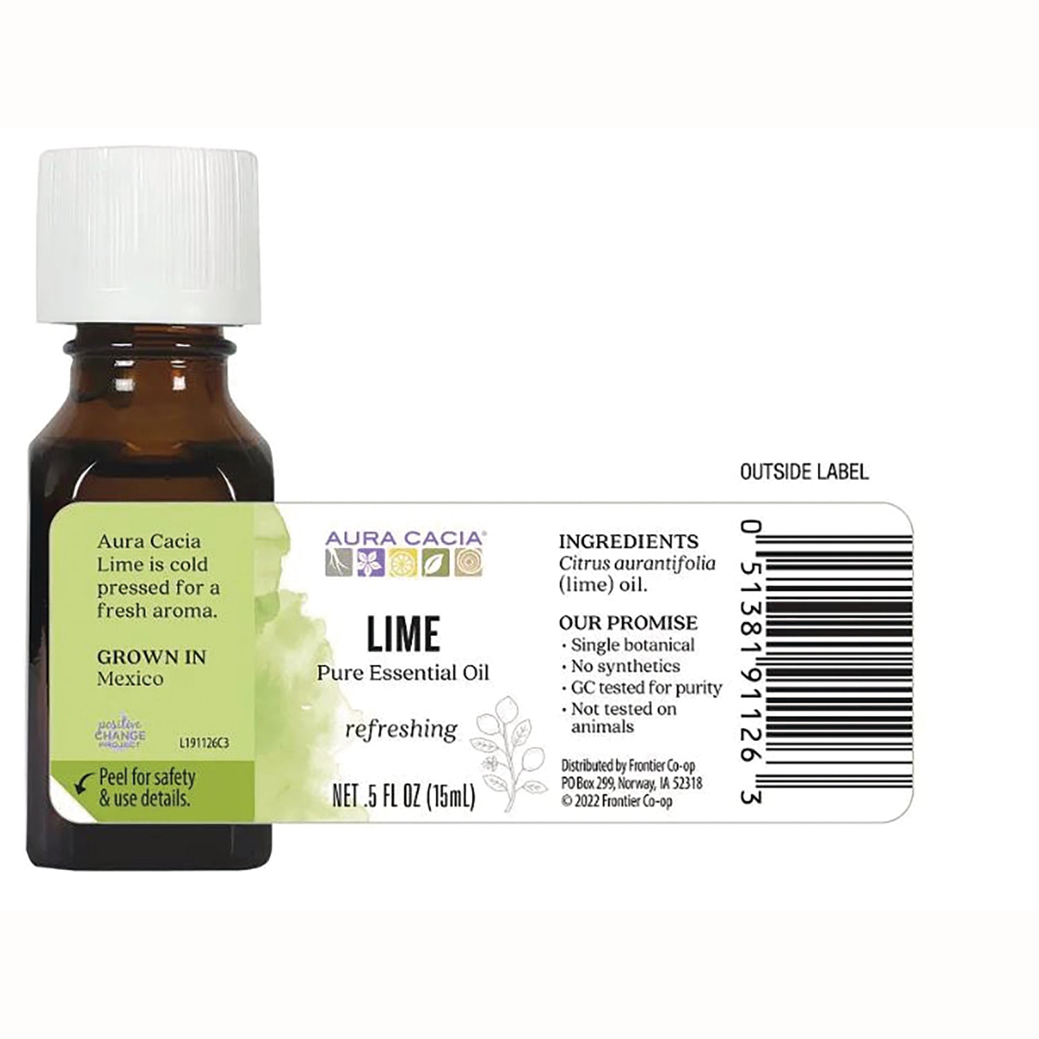 ARC037 | back label of Aura Cacia lime essential oil bottle showing ingredients, barcode and net .5 fl oz (15 mL)