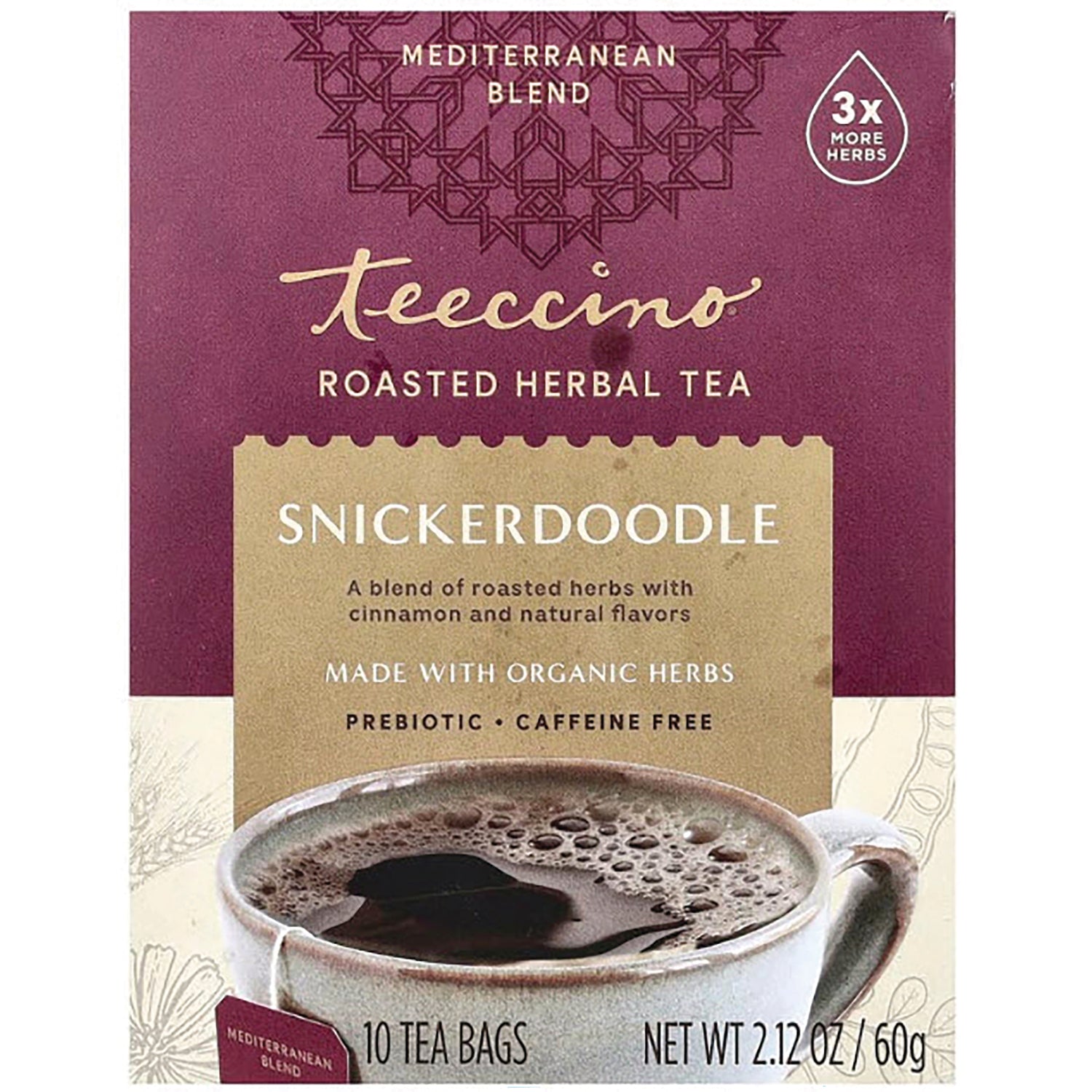 TCN031 | Teeccino Roasted Herbal Tea Snickerdoodle, Mediterranean Blend, 10 tea bags, prebiotic, caffeine free