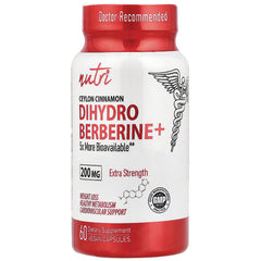 White and red bottle of Dihydro Berberine+ 200 mg dietary supplement, 60 vegan capsules