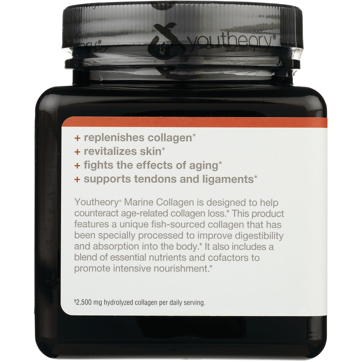 YOU010 | Youtheory Marine Collagen benefits panel: replenishes collagen, revitalizes skin, supports tendons and ligaments