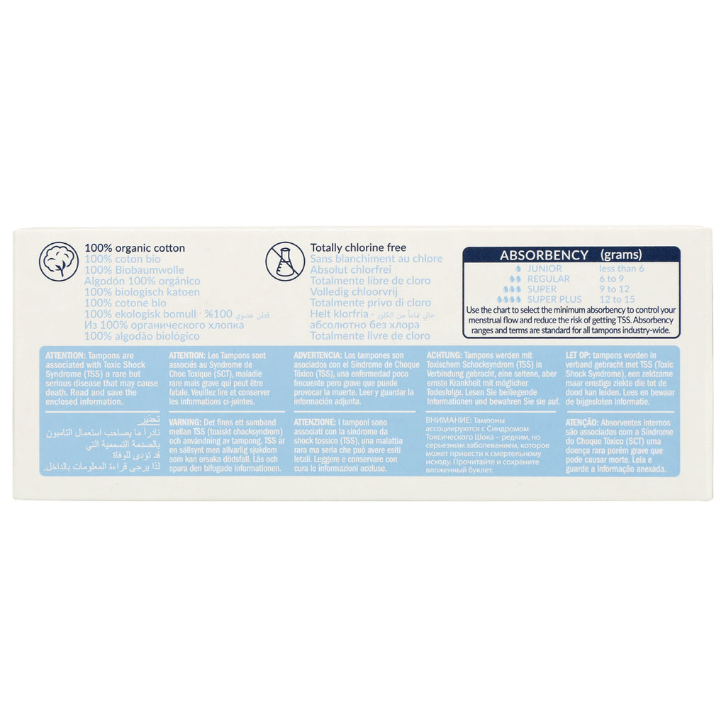 NCR002 | back of tampon box showing absorbency chart and multilingual warnings - Thumbnail