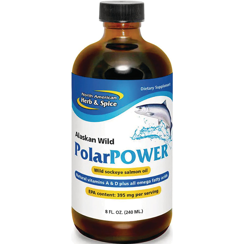 NHS036 | Bottle of Alaskan Wild PolarPOWER wild sockeye salmon oil, 8 fl oz, label shows EPA content 395 mg per serving - Thumbnail