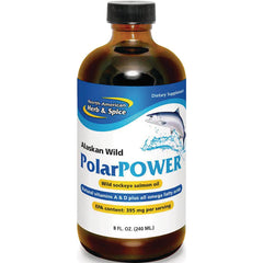 NHS036 | Bottle of Alaskan Wild PolarPOWER wild sockeye salmon oil, 8 fl oz, label shows EPA content 395 mg per serving