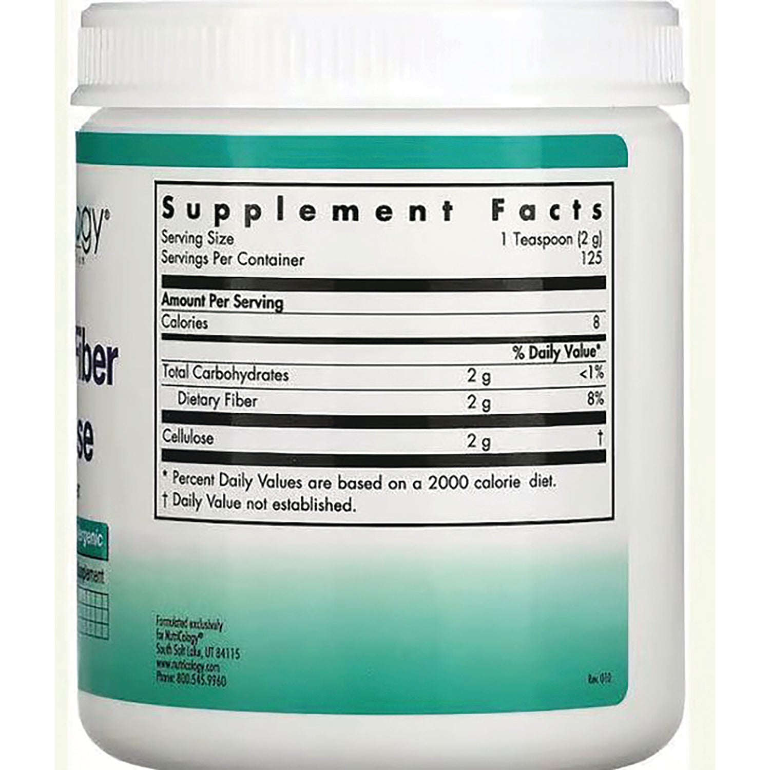 NCL032 | Back label showing Supplement Facts with serving size 1 teaspoon, calories 8, dietary fiber 2 g, cellulose 2 g