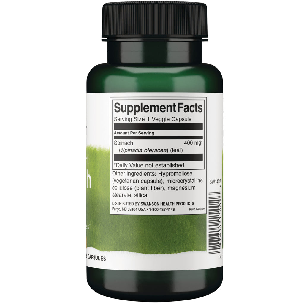 SW1402 | Back label with Supplement Facts: serving size 1 veggie capsule; Spinach 400 mg - Thumbnail