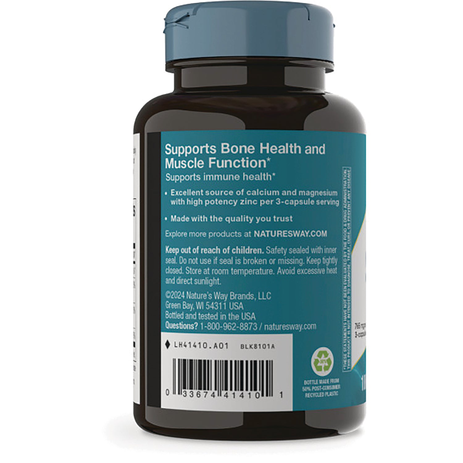 NW929 | Back label of supplement bottle showing Supports Bone Health and Muscle Function text, warnings and barcode