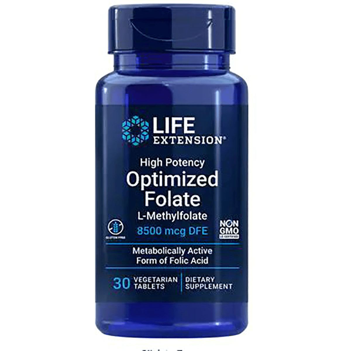 LE332 | Blue Life Extension bottle labeled High Potency Optimized Folate L-Methylfolate 8500 mcg DFE, 30 vegetarian tablets