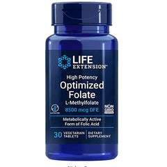 LE332 | Blue Life Extension bottle labeled High Potency Optimized Folate L-Methylfolate 8500 mcg DFE, 30 vegetarian tablets