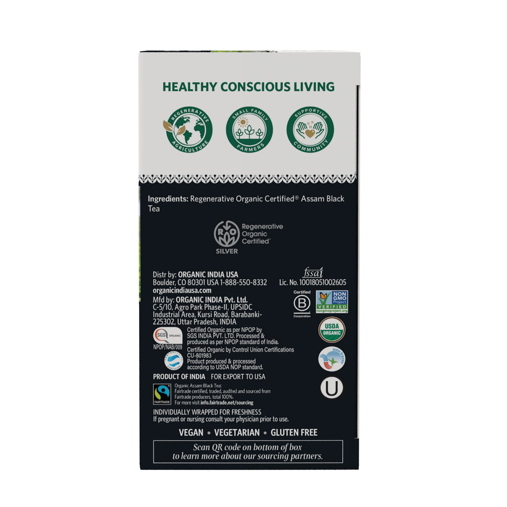 RGN105 | Back of tea box showing ingredients, certifications and labels including USDA Organic, Fairtrade, vegan, vegetarian, gluten free - Thumbnail
