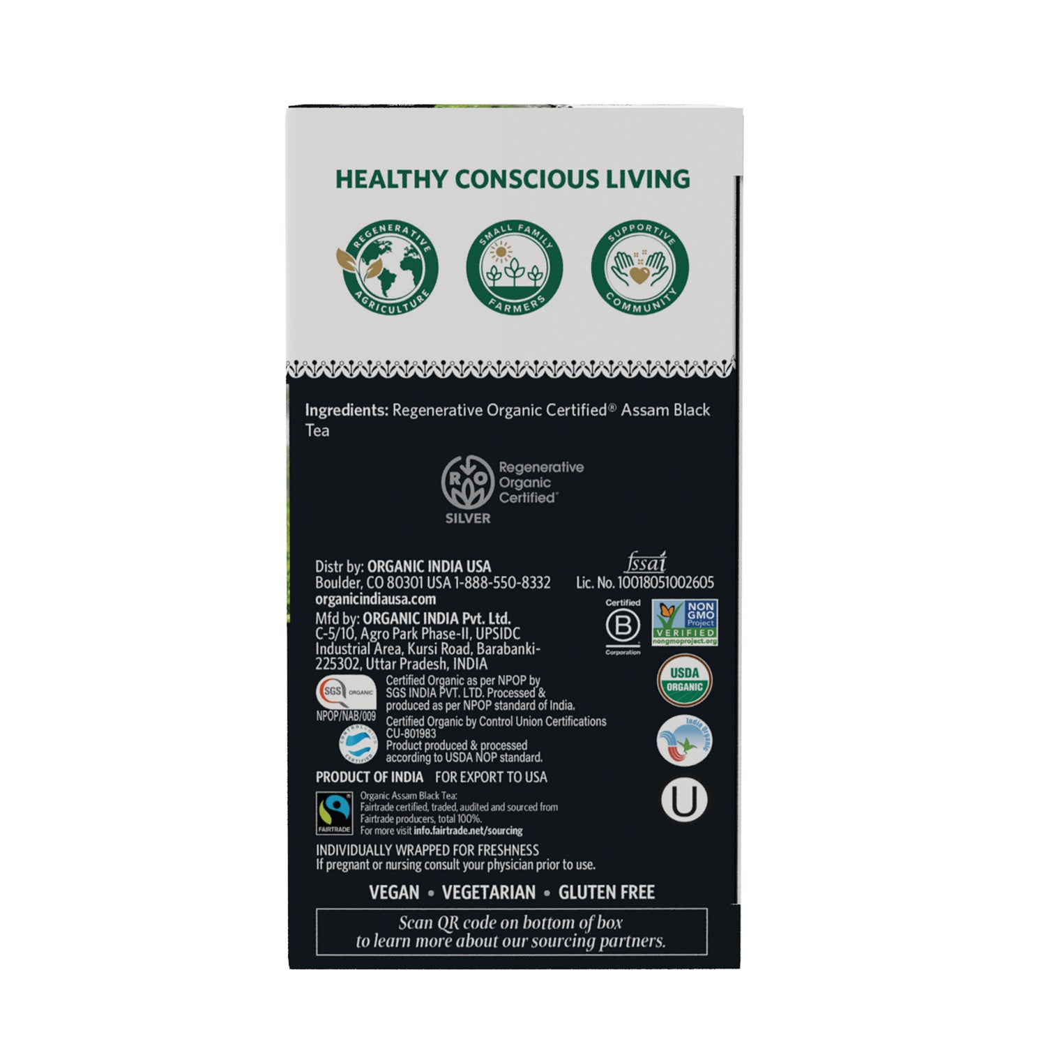 RGN105 | Back of tea box showing ingredients, certifications and labels including USDA Organic, Fairtrade, vegan, vegetarian, gluten free