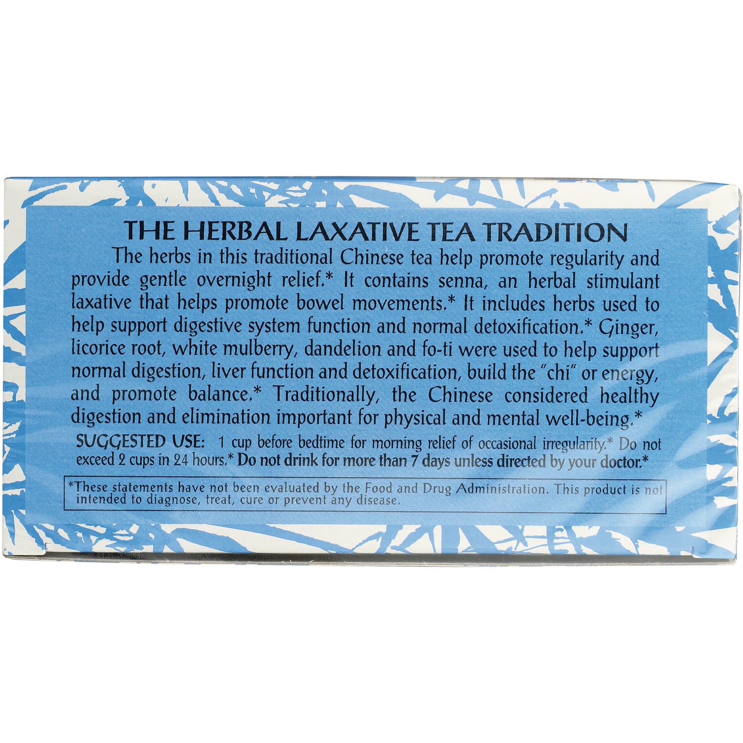 TLT004 | Back of box with 'The Herbal Laxative Tea Tradition' panel, suggested use and FDA disclaimer