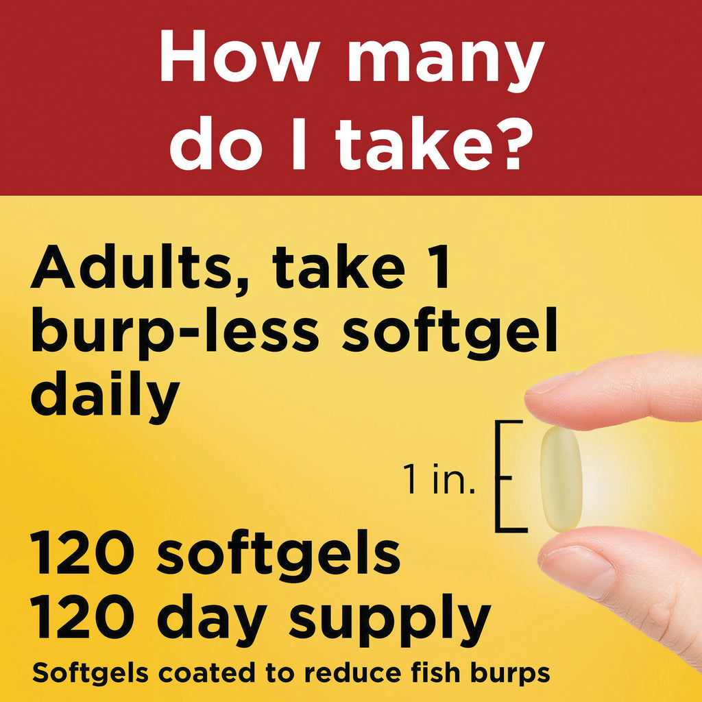 NTM171 | Back label showing dosing instructions Adults take 1 burp-less softgel daily and 120 softgels supply with finger holding softgel - Thumbnail