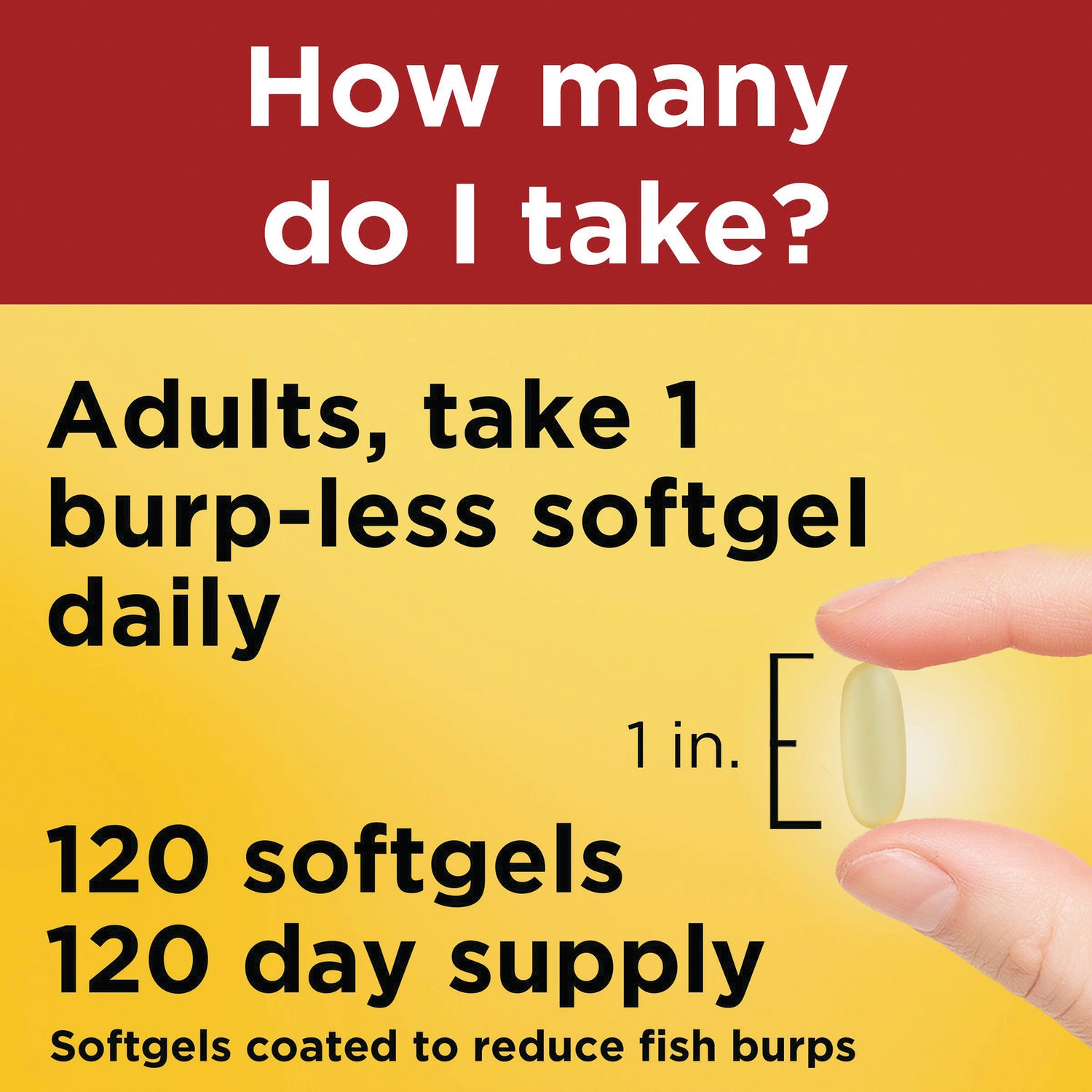 NTM171 | Back label showing dosing instructions Adults take 1 burp-less softgel daily and 120 softgels supply with finger holding softgel