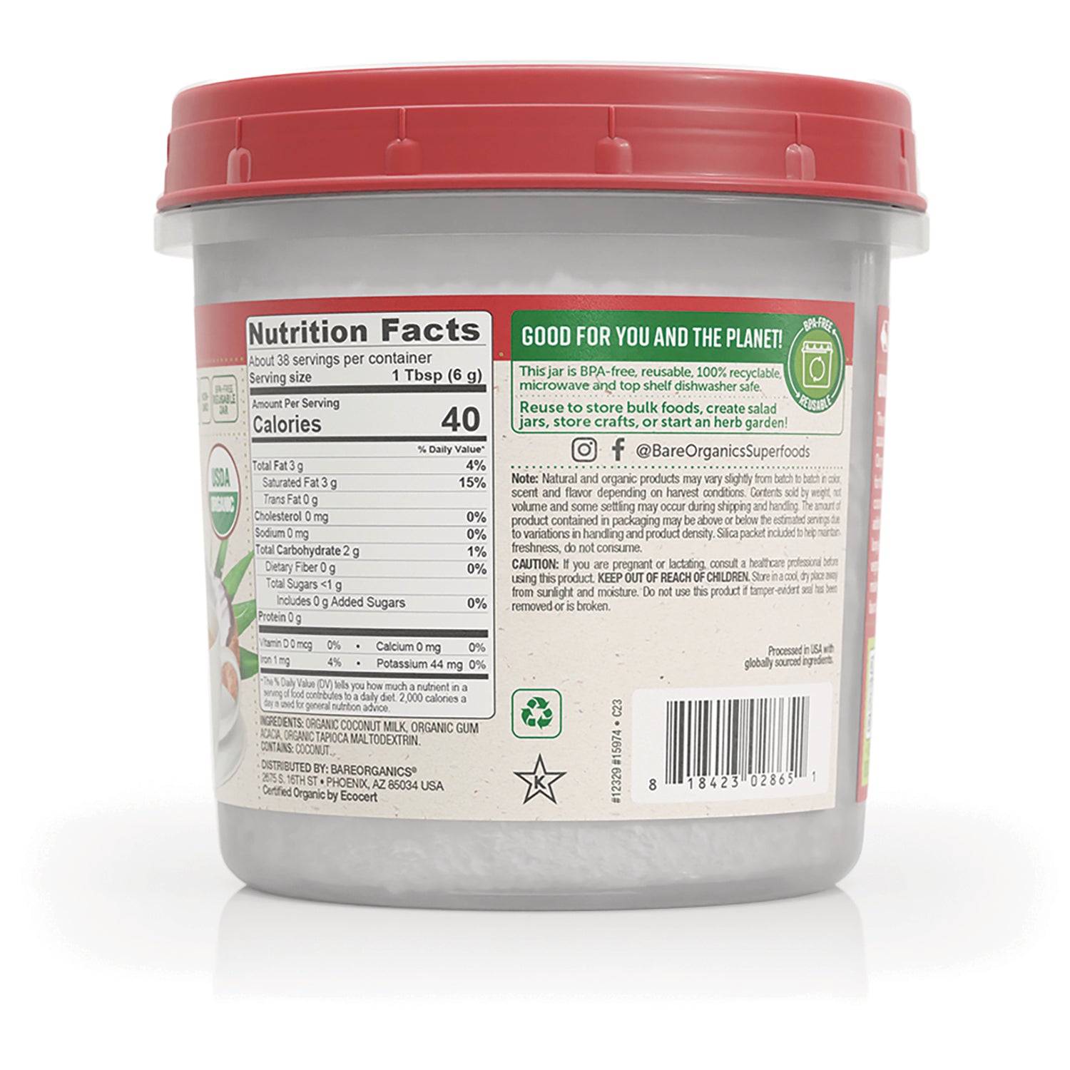 BOR010 | Back of plastic jar showing Nutrition Facts panel, recycling icon, barcode and product information