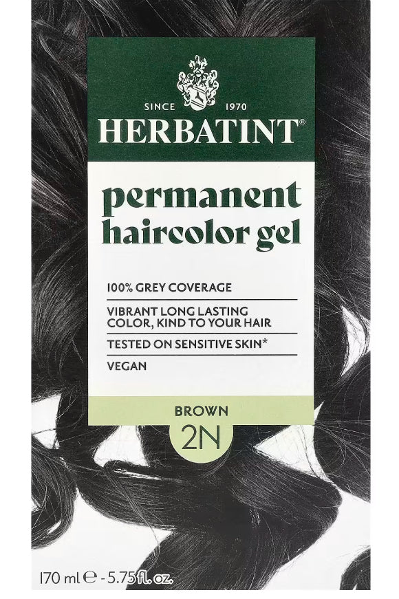 HBT005 | Herbatint permanent haircolor gel 2N Brown product box front showing half a woman's face