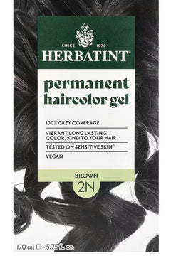HBT005 | Herbatint permanent haircolor gel 2N Brown product box front showing half a woman's face
