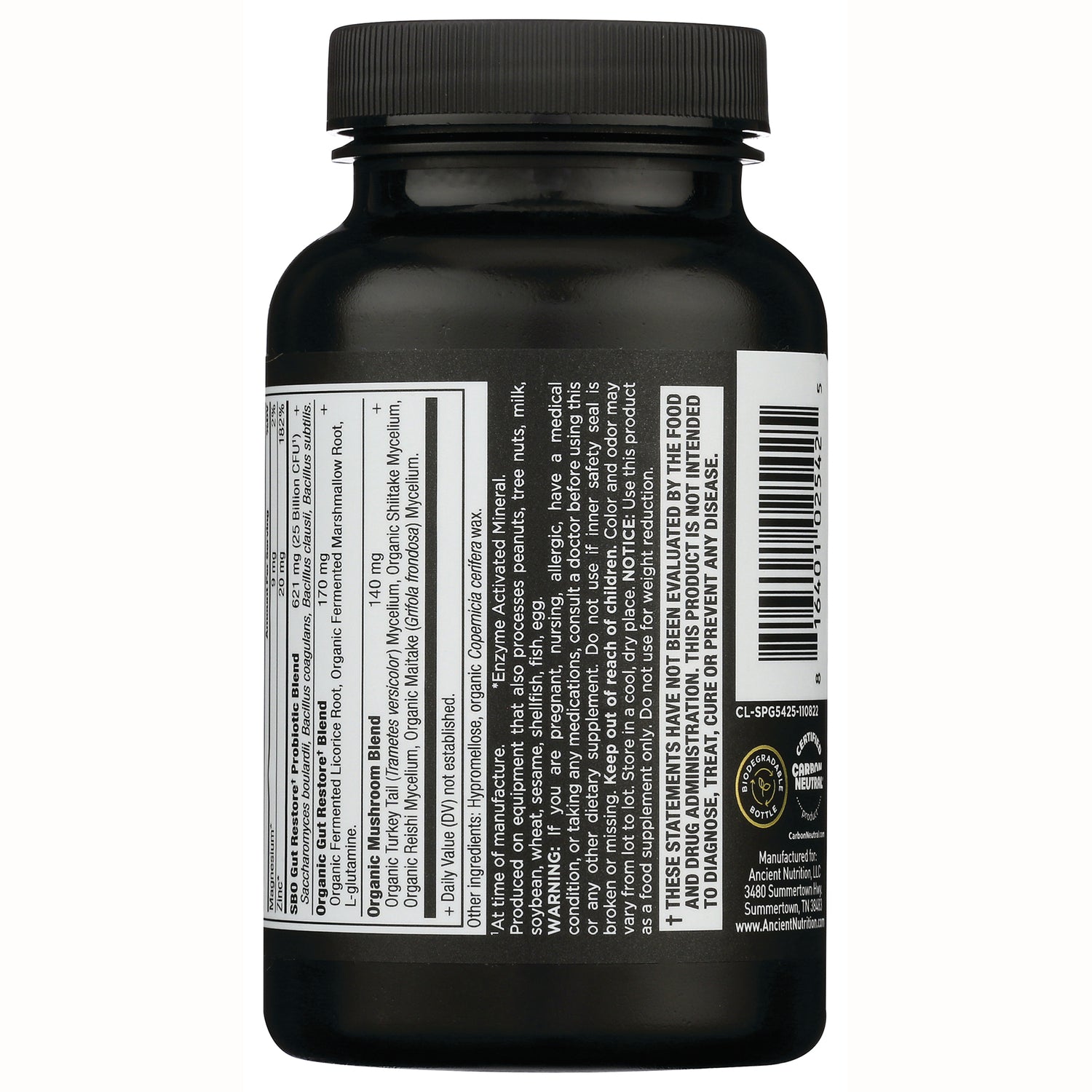 ATN070 | back label showing supplement facts, ingredient panel and barcode on black bottle