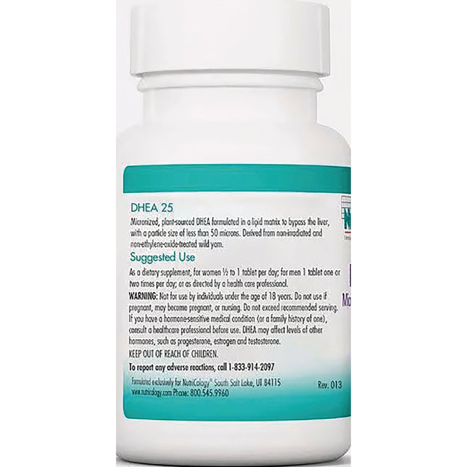 NCL106 | Back of white supplement bottle label reading DHEA 25 with suggested use and warning text