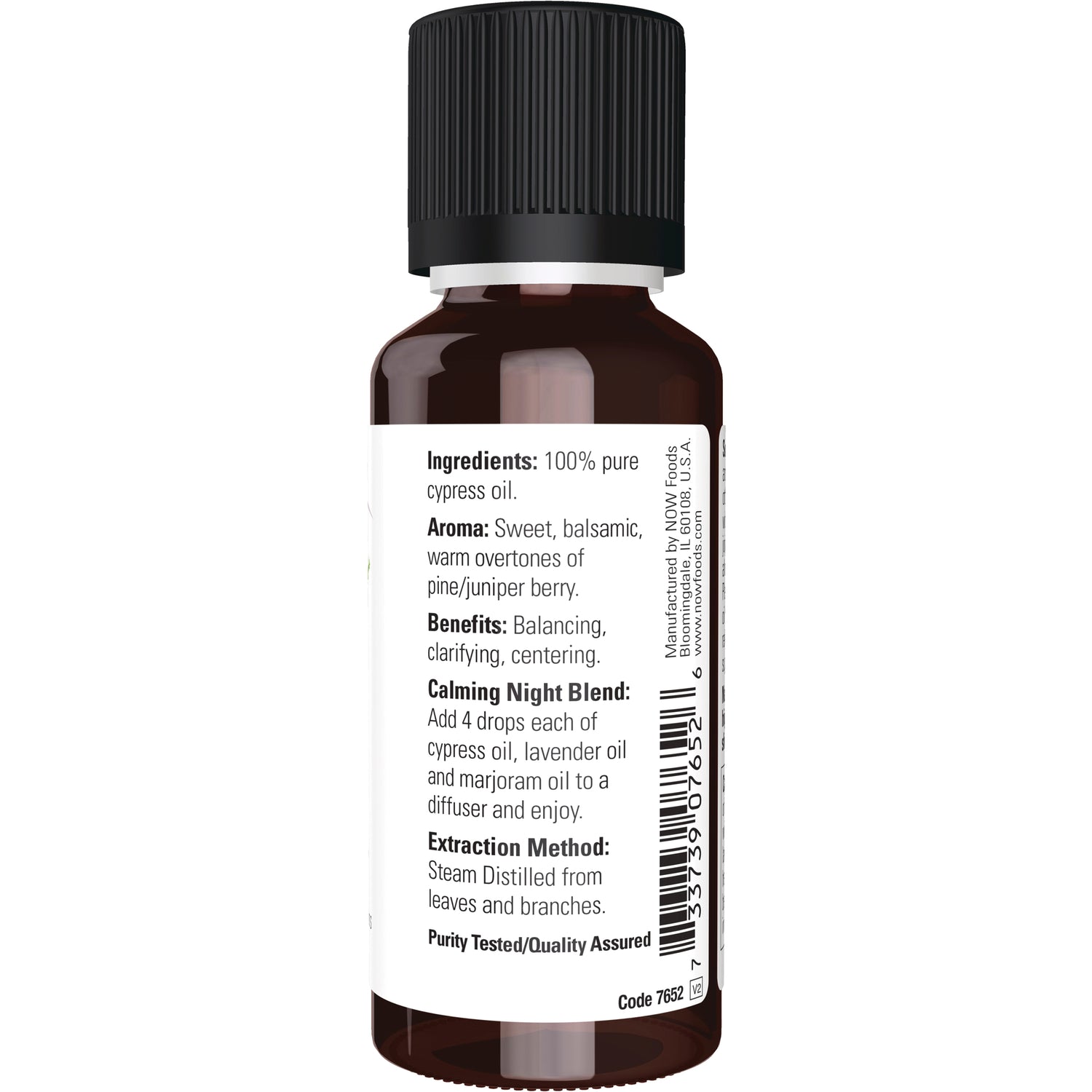 NWF1012 | Back label of brown essential oil bottle listing ingredients, aroma, benefits, calming night blend, extraction method and barcode