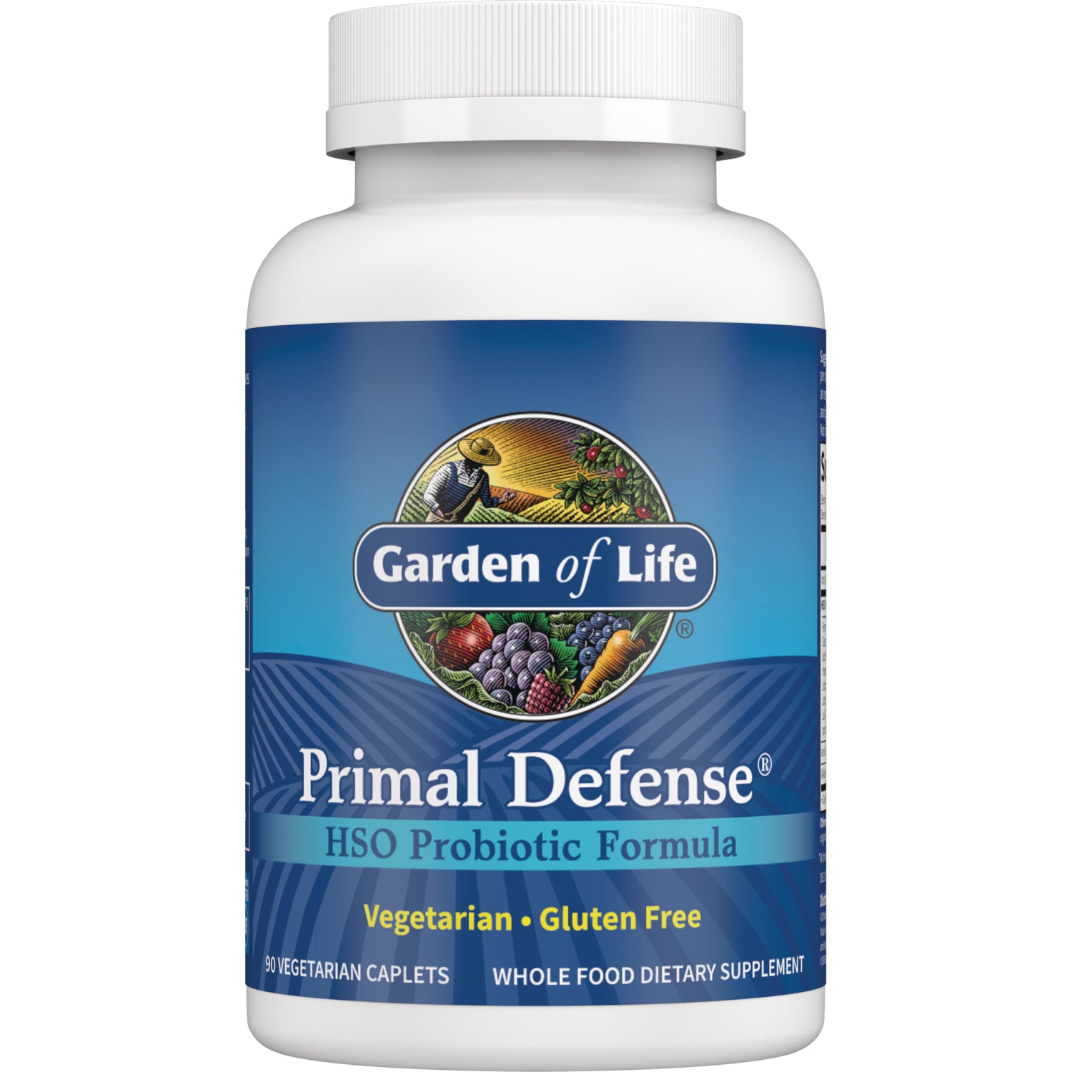 GLF004 | Garden of Life Primal Defense HSO Probiotic Formula bottle with blue label showing 90 vegetarian caplets, Vegetarian, Gluten Free