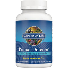 GLF004 | Garden of Life Primal Defense HSO Probiotic Formula bottle with blue label showing 90 vegetarian caplets, Vegetarian, Gluten Free