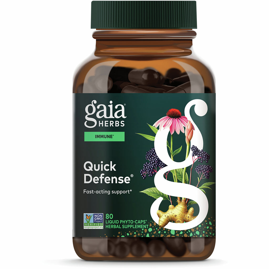 GH135 | Brown supplement bottle with Gaia Herbs Quick Defense label reading Immune Support and 80 vegan liquid phyto-caps - Thumbnail
