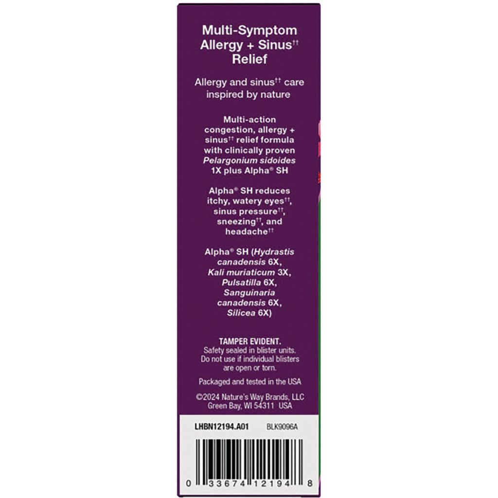 Multi-Symptom Allergy + Sinus Relief panel showing Alpha SH ingredients, usage claims, tamper notice and barcode - Thumbnail