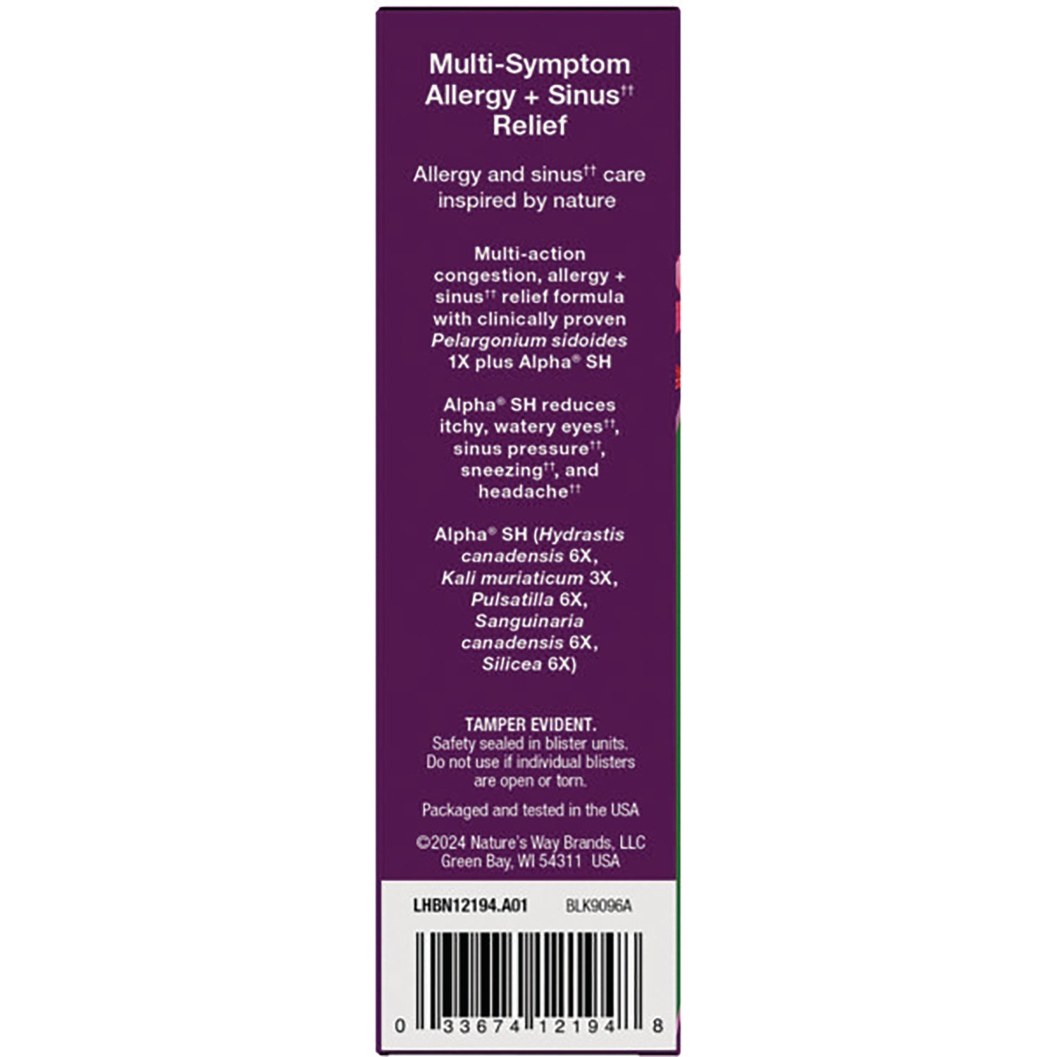 Multi-Symptom Allergy + Sinus Relief panel showing Alpha SH ingredients, usage claims, tamper notice and barcode
