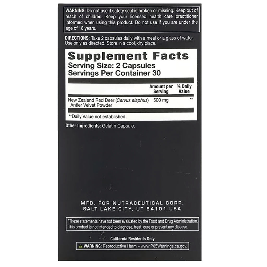 LAB001 | back label with Supplement Facts showing Serving Size 2 Capsules, New Zealand Red Deer 500 mg - Thumbnail
