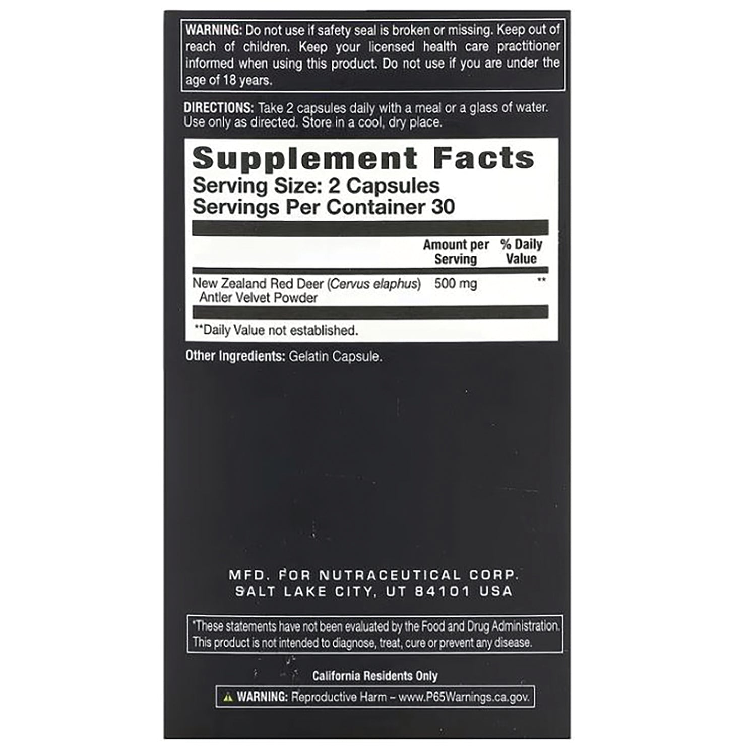 LAB001 | back label with Supplement Facts showing Serving Size 2 Capsules, New Zealand Red Deer 500 mg