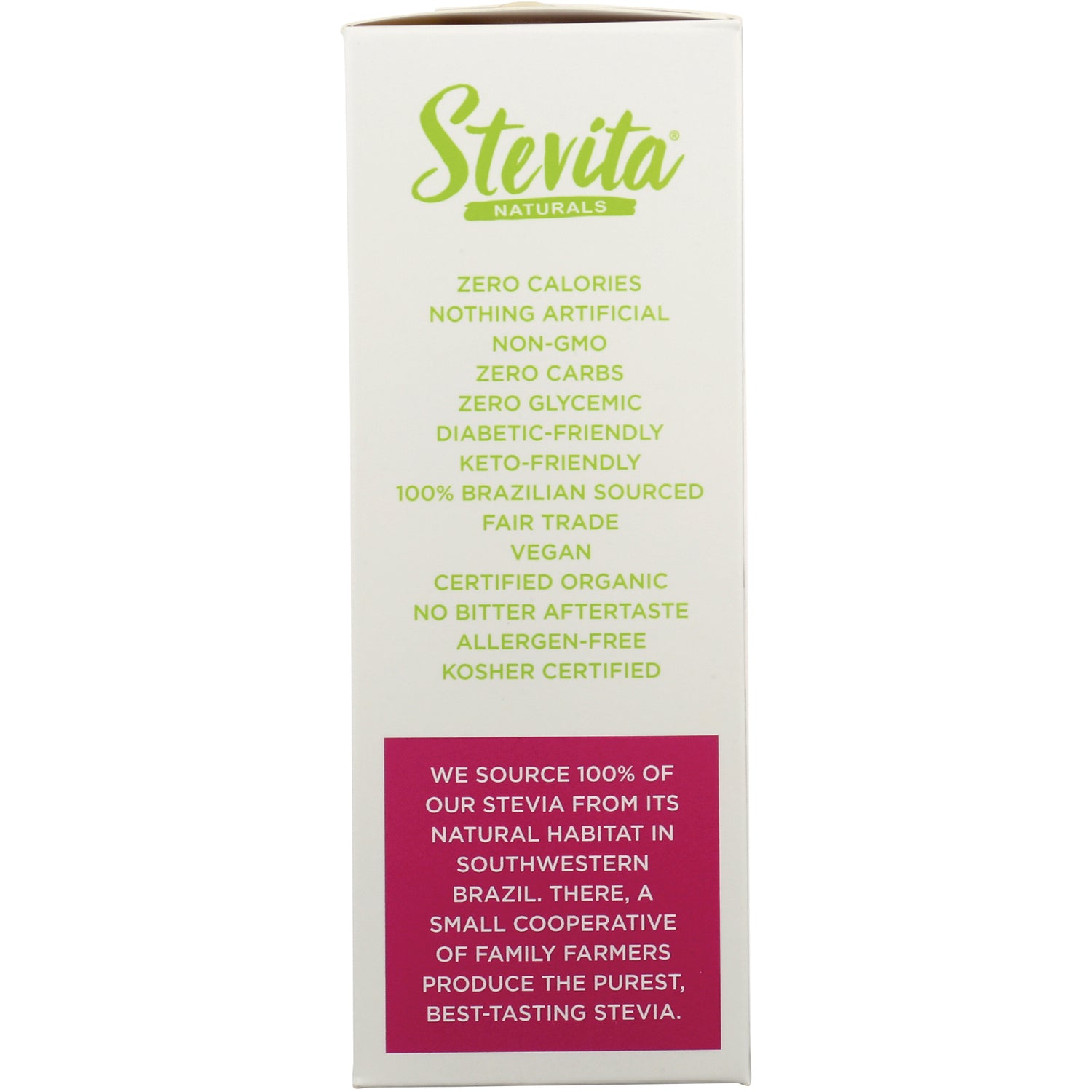 STV017 | Stevita Naturals benefits panel: zero calories, non-GMO, zero carbs, keto-friendly, vegan, organic, kosher