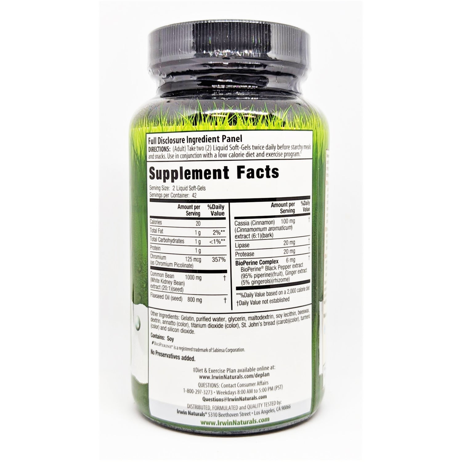 IR208 | Supplement Facts and ingredient panel on back of green supplement bottle showing serving size and ingredient list
