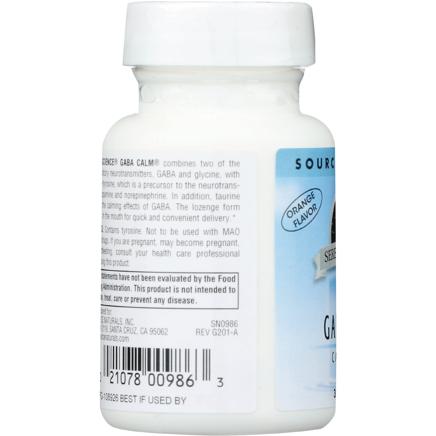 SN384 | Source Naturals GABA Calm bottle back label with warning text and barcode