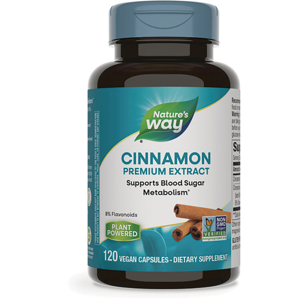 NW785 | Nature's Way Cinnamon Premium Extract bottle, 120 vegan capsules, label reads Supports Blood Sugar Metabolism and Plant Powered - Thumbnail