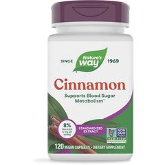 NW785 | Nature's Way Cinnamon Premium Extract bottle, 120 vegan capsules, label reads Supports Blood Sugar Metabolism and Plant Powered