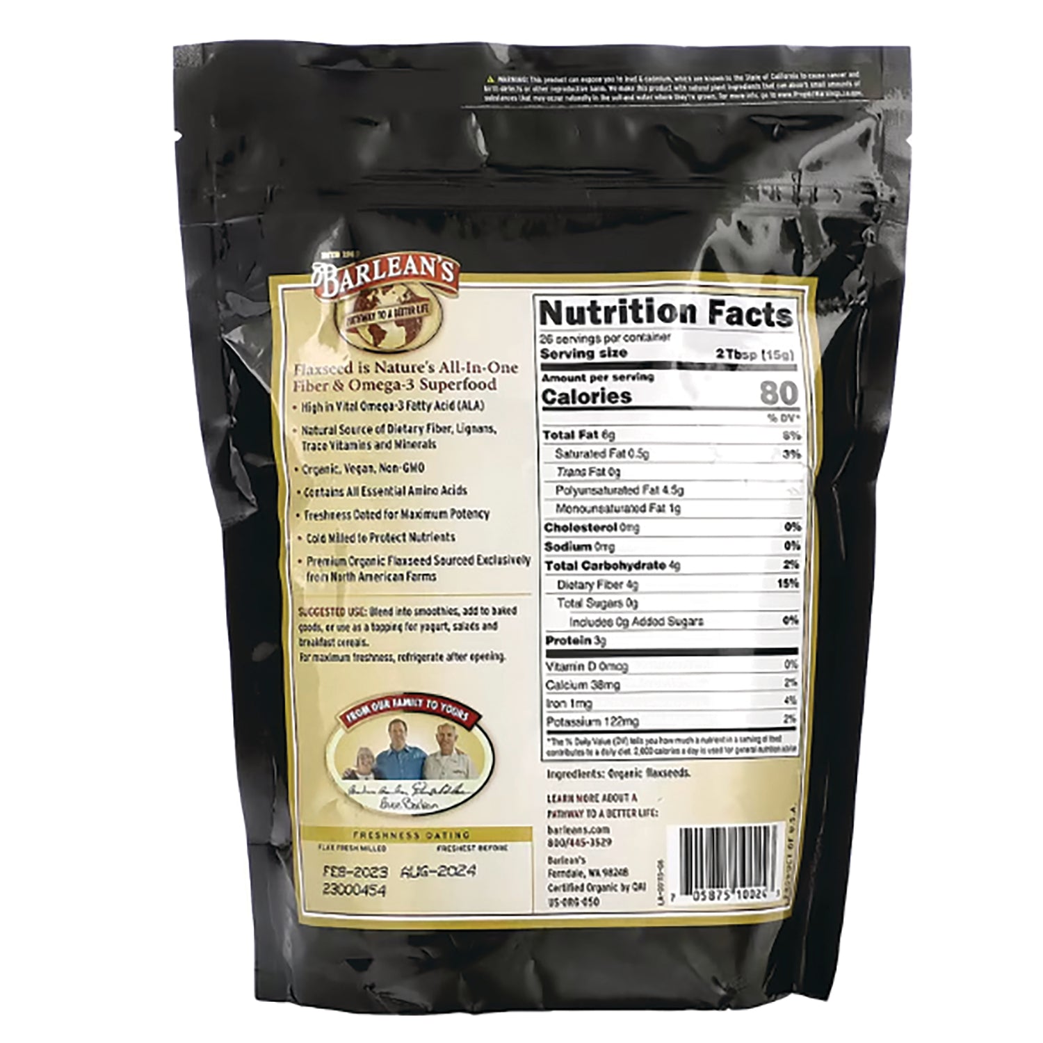 BAR082 | Back of black Barlean's flaxseed bag showing Nutrition Facts panel and product information
