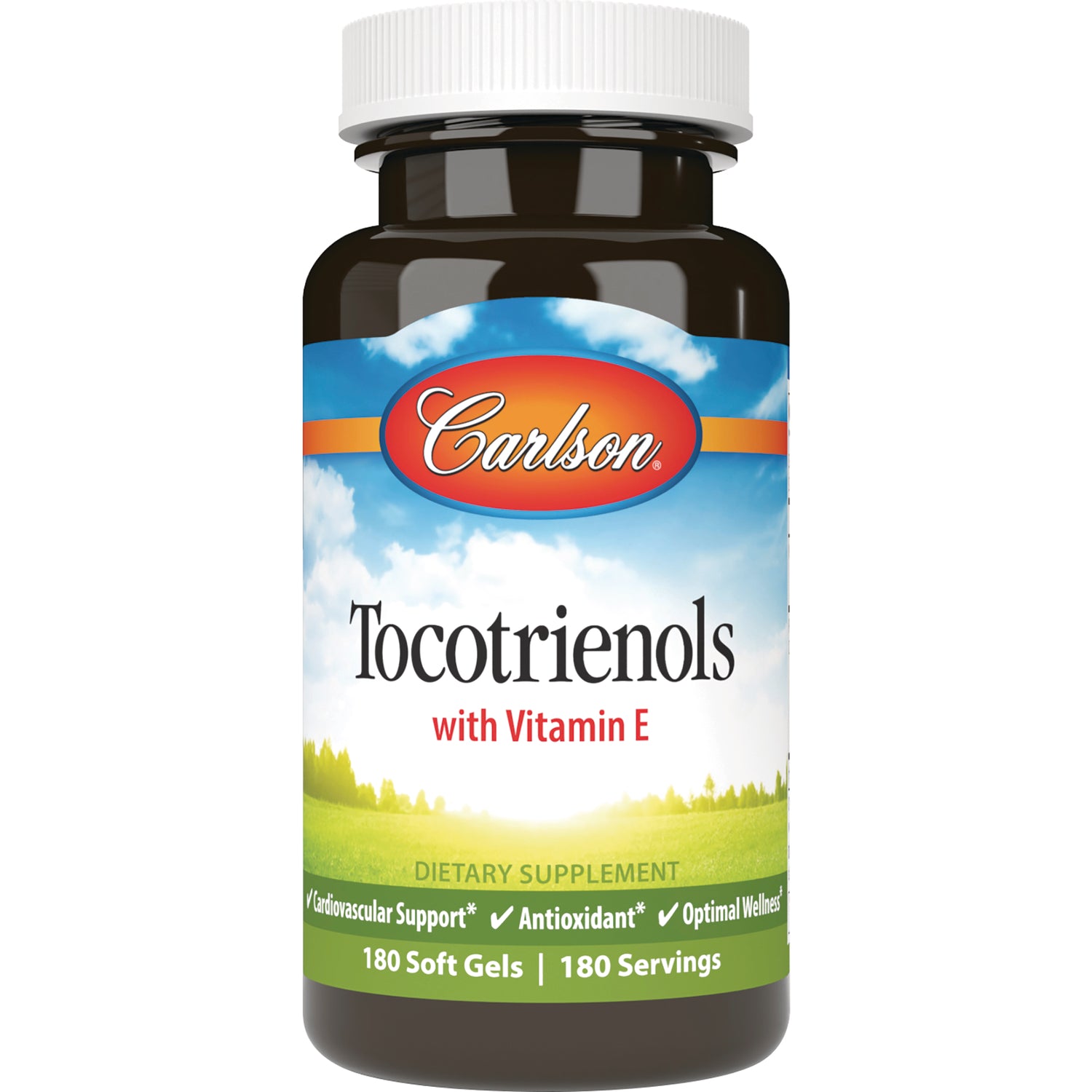 CSN316 | Carlson Tocotrienols with Vitamin E dietary supplement bottle, front label showing 180 Soft Gels