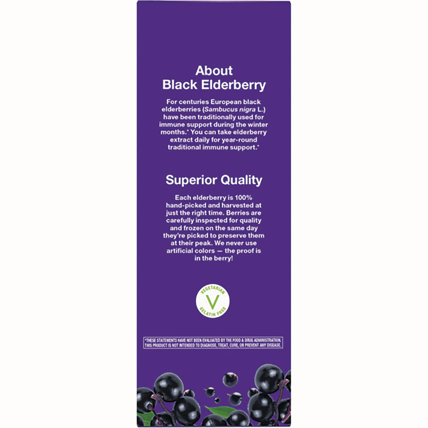 NW669 | Purple product infographic panel describing black elderberry benefits, superior quality text, berries and vegetarian seal