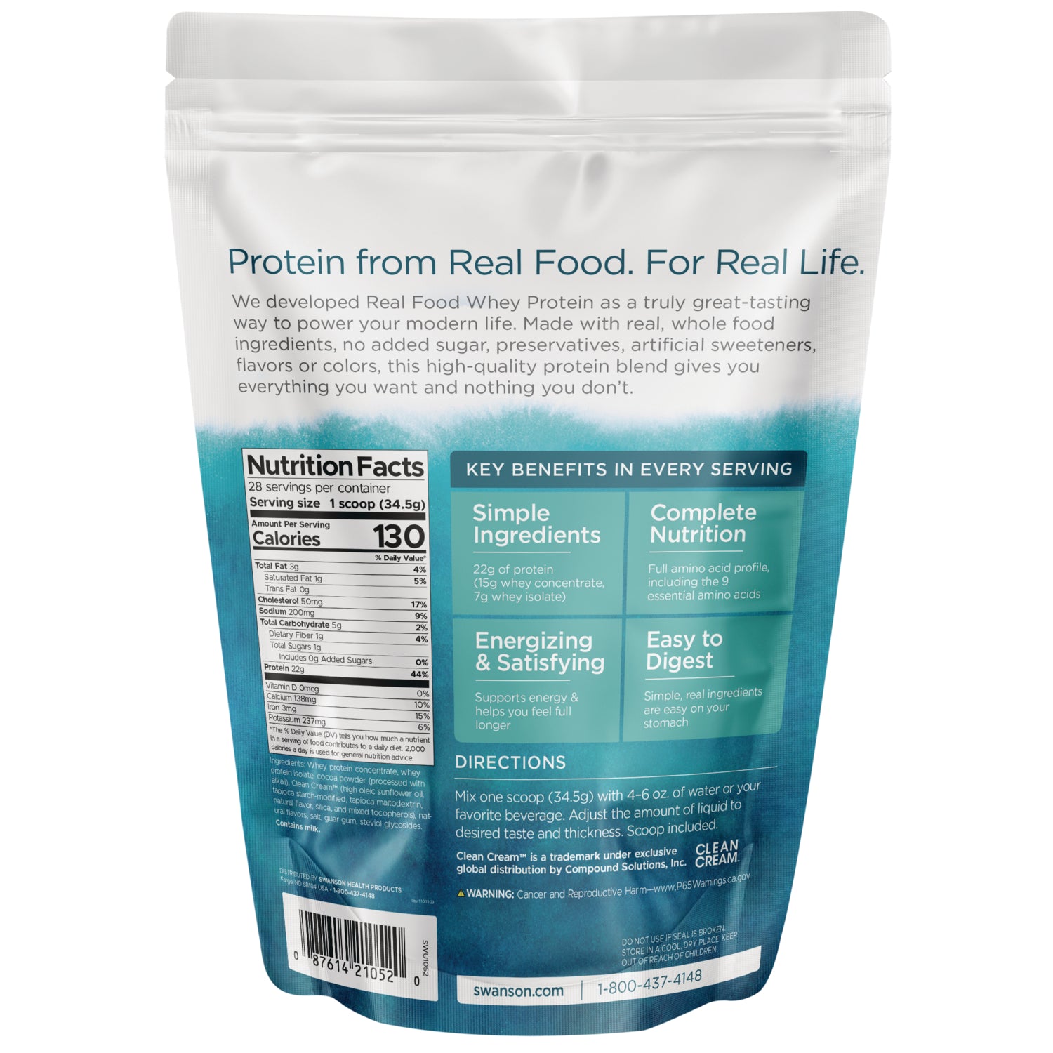 SWU1052 | Nutrition Facts panel: serving size 1 scoop (34.5g), 130 calories, 22g protein