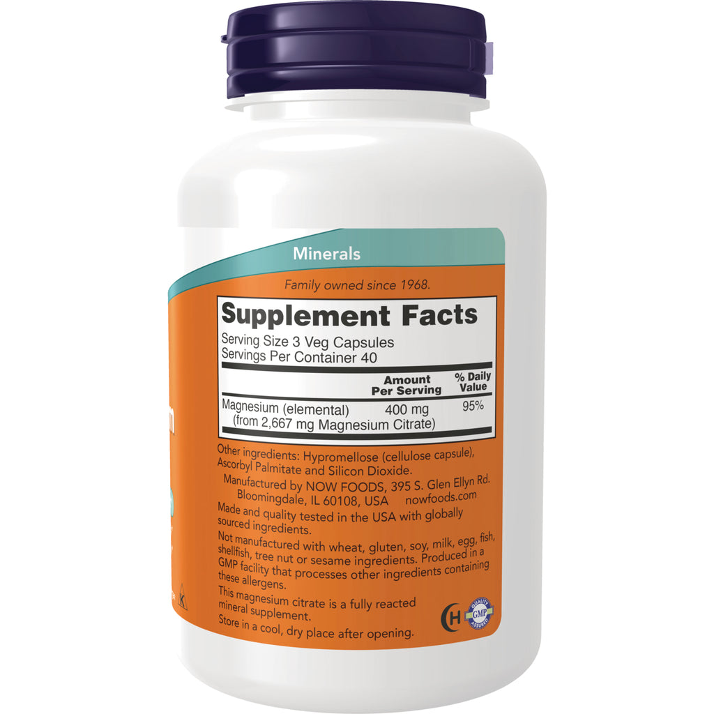 NWF1100 | Back label showing Supplement Facts and ingredients for magnesium supplement, serving size 3 veg capsules - Thumbnail