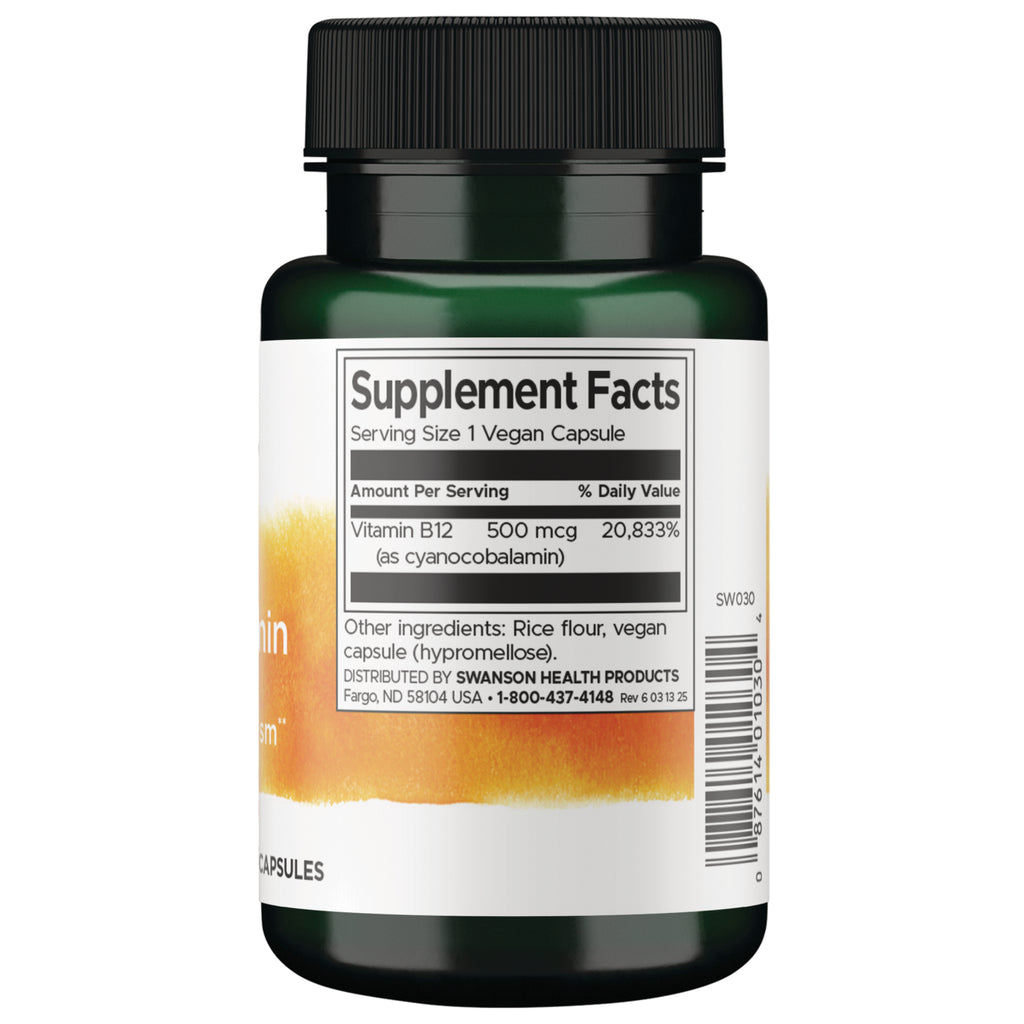 SW030 | Supplement Facts panel for Vitamin B12 500 mcg vegan capsules, with other ingredients and barcode - Thumbnail