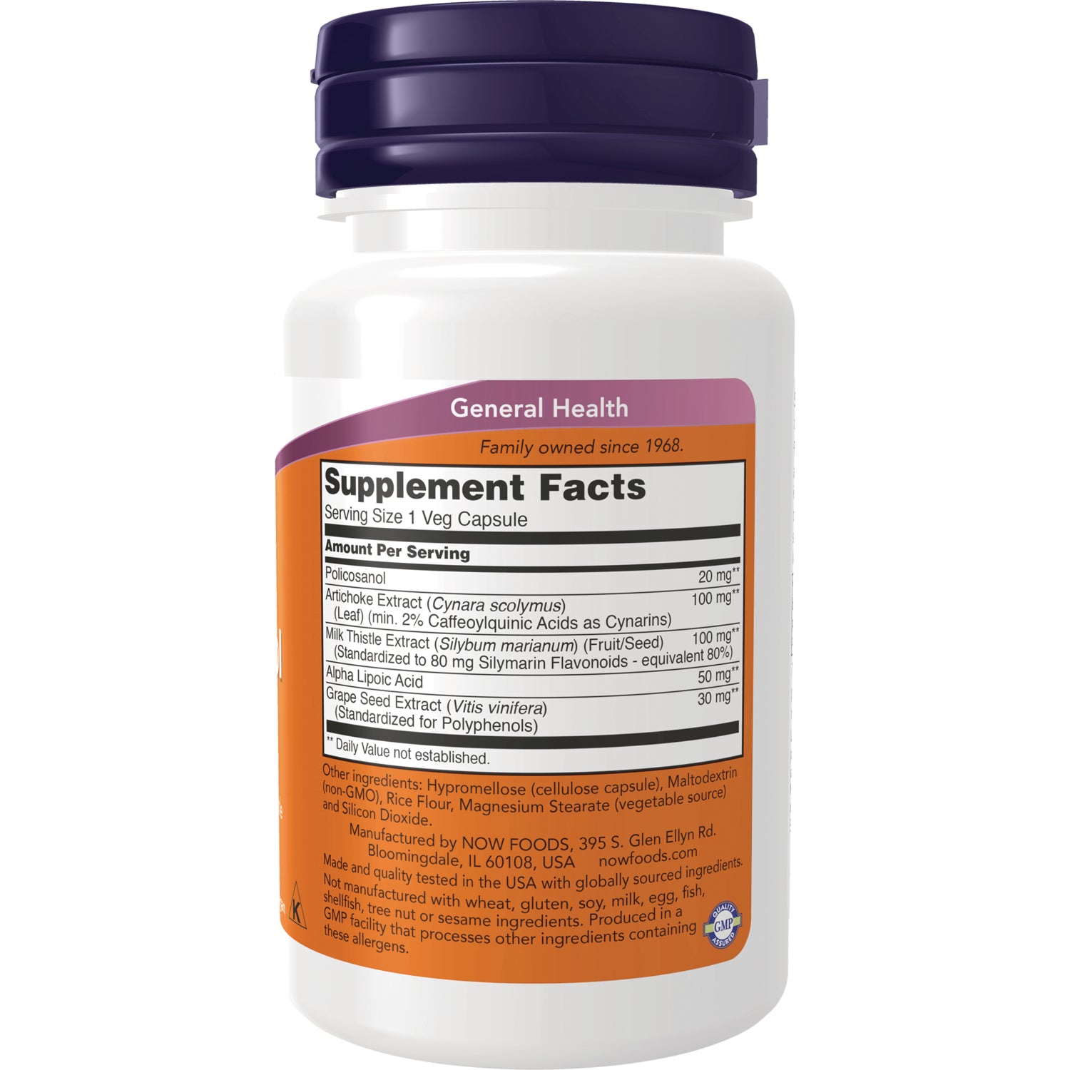 NWF774 | Back label showing Supplement Facts panel and ingredient list on white supplement bottle with purple cap