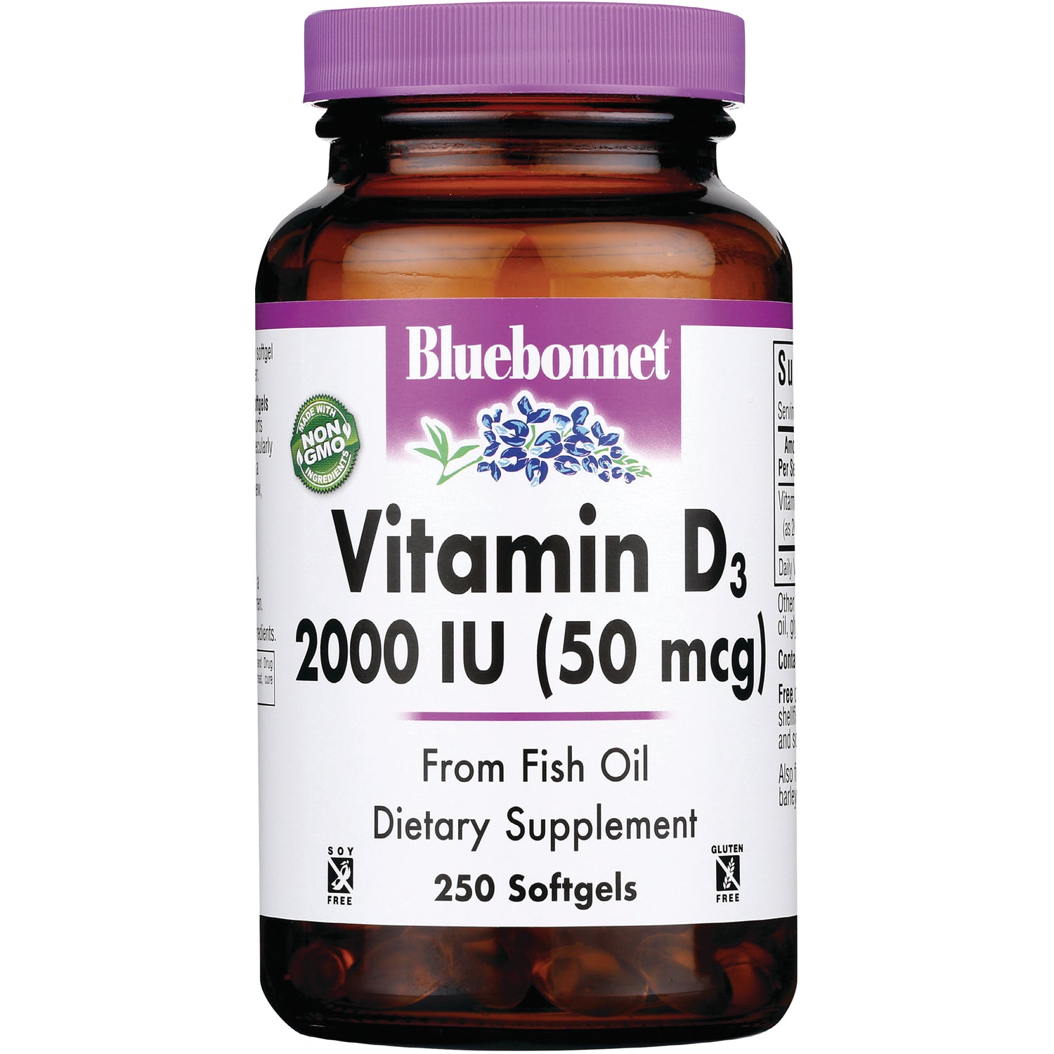 BLU126 | Bluebonnet Vitamin D3 2000 IU (50 mcg) bottle front label, from fish oil, 250 softgels
