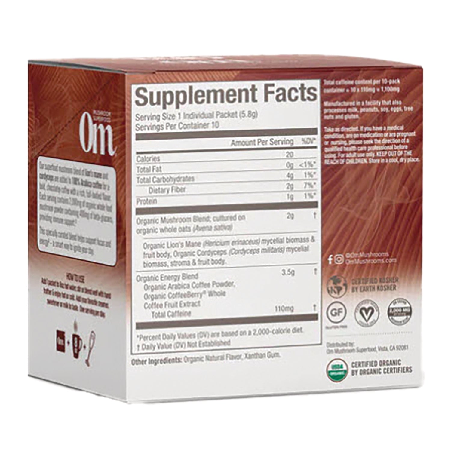 Back of brown supplement box showing Supplement Facts panel, ingredient table, and certification icons