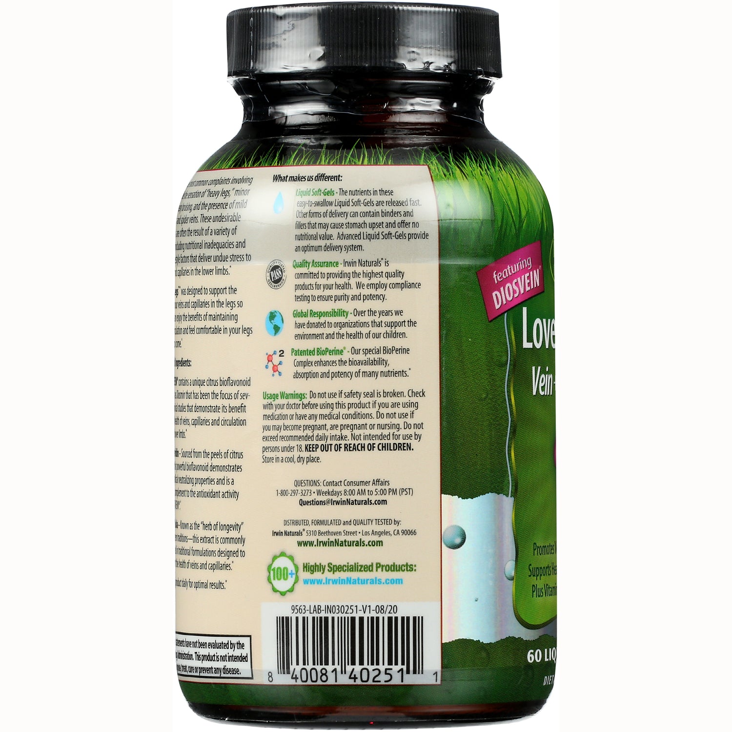 IR194 | Back of supplement bottle label showing usage instructions, quality icons and barcode